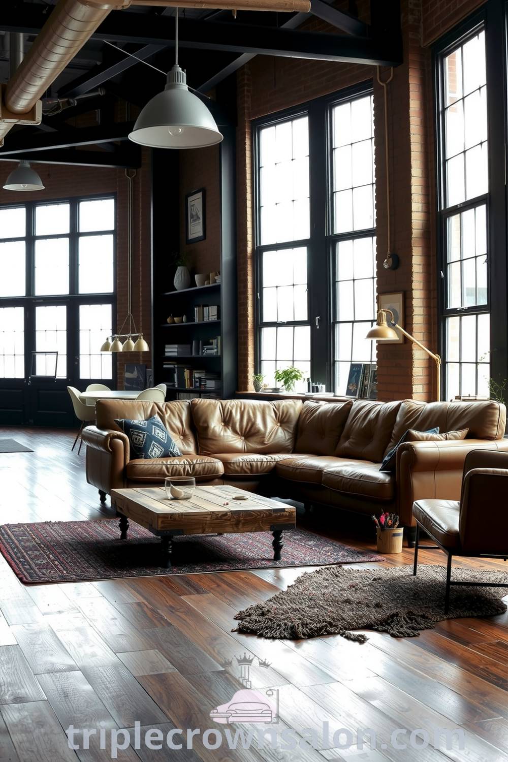 Spacious industrial living room featuring black metal accents, warm weathered wooden floorboards, oversized leather sofa, reclaimed wood coffee table, large windows, and exposed brick walls, creating a cozy atmosphere. Visit triplecrownsalon.com for unique design ideas for your home.