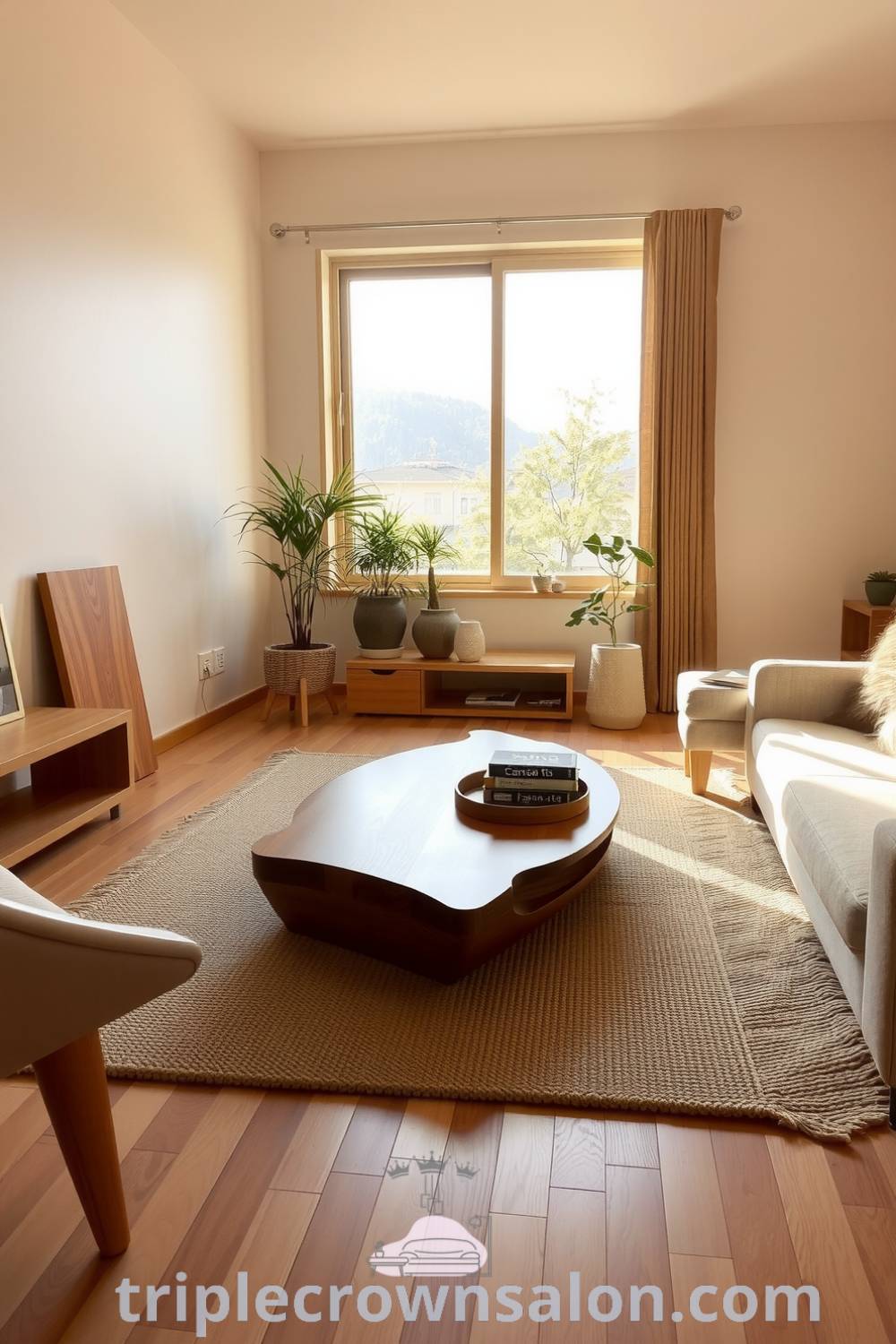 Japandi living room with soft brown tones, natural wood accents, low coffee table, textured rug, potted greenery, and a large window allowing sunlight, creating a cozy aesthetic perfect for relaxation or conversation. Visit triplecrownsalon.com for inspiring decor ideas for small spaces.