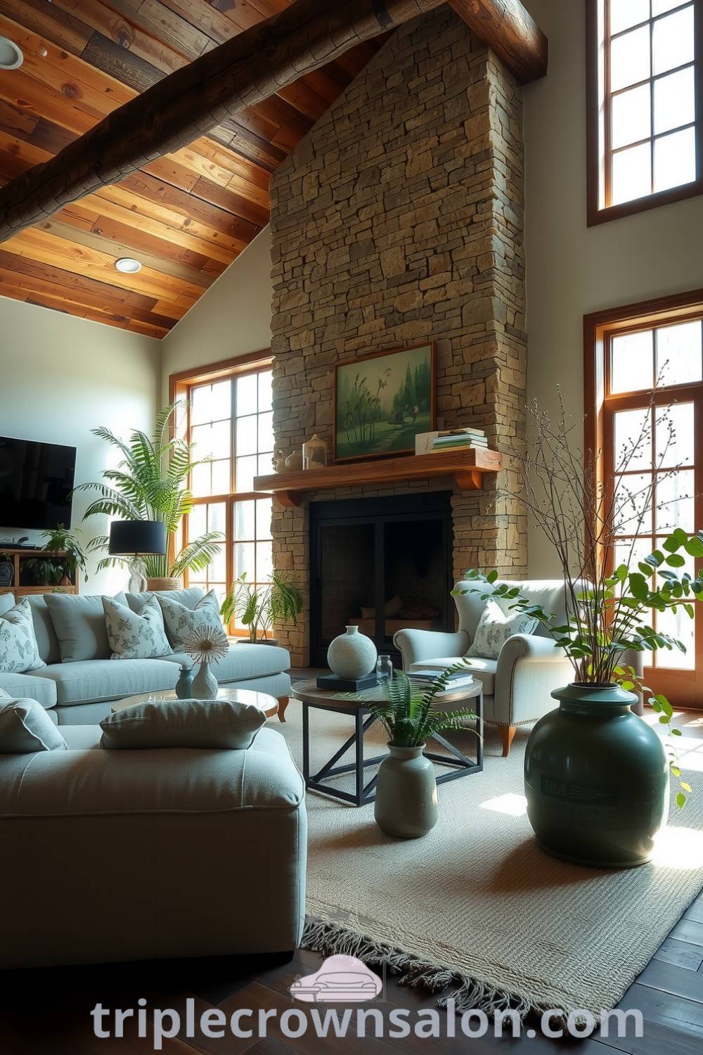Nature-inspired living room featuring a large stone fireplace, overstuffed sofa with nature-themed cushions, reclaimed wood beams, large windows, handwoven rugs, and potted ferns and wildflowers in rustic ceramic vases, creating a cozy atmosphere with design ideas for a serene home, ideal for cozy aesthetics at triplecrownsalon.com.