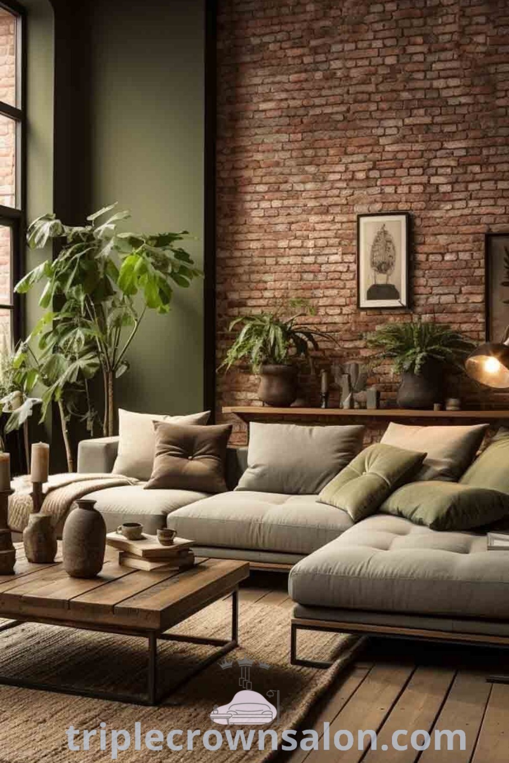 An industrial-style living room filled with furniture next to an exposed brick wall, showcasing cozy decor ideas and inspirational design trends for your home. This inviting space highlights unique elements and functional decor inspirations, perfect for enhancing comfort. Discover more at triplecrownsalon.com.