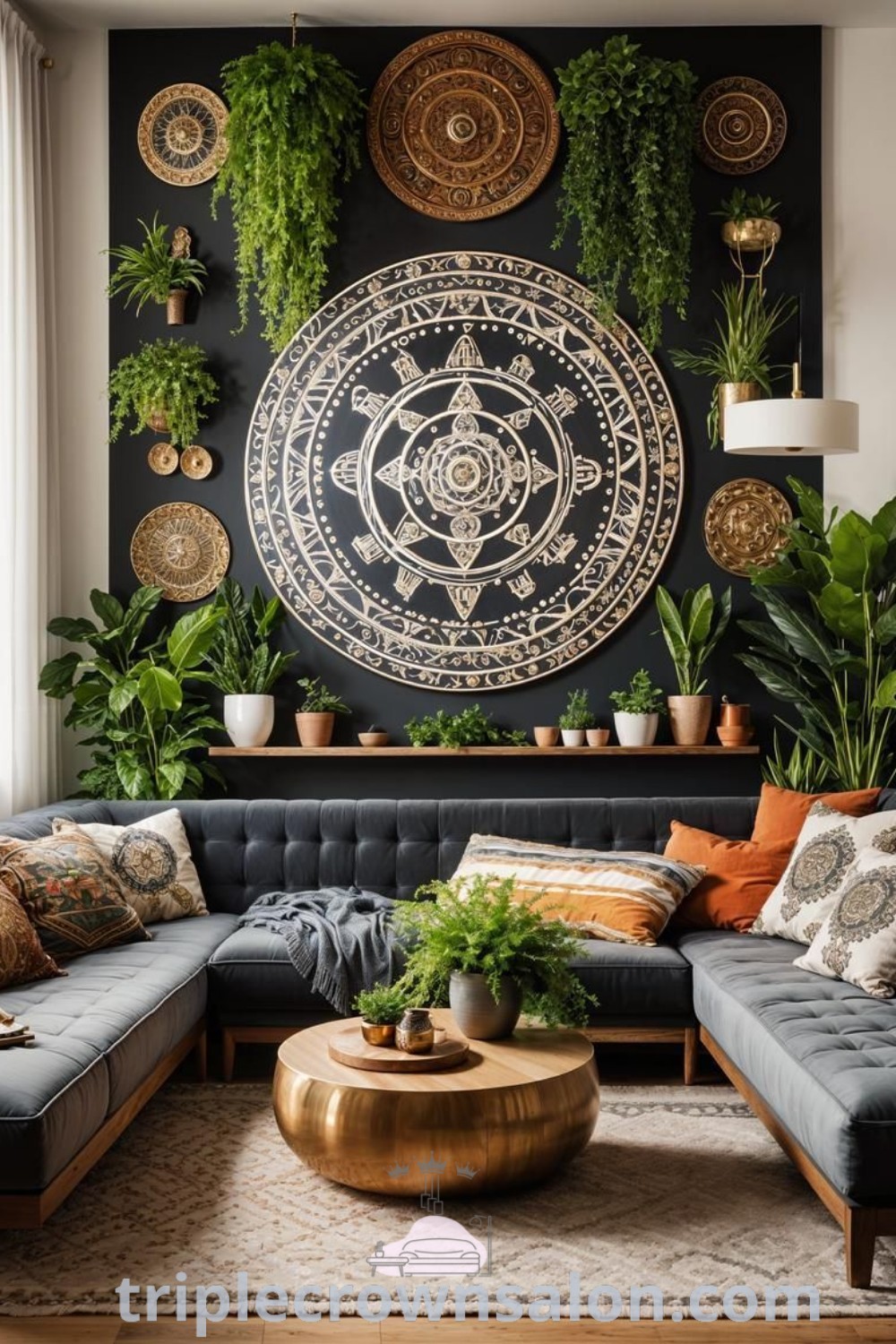 A chic modern boho living room filled with stylish furniture and lush plants creating a cozy aesthetic. This space is perfect for bohemian living and offers inspiring decor ideas for homes large and small. Discover more design trends and cozy home inspirations at triplecrownsalon.com.