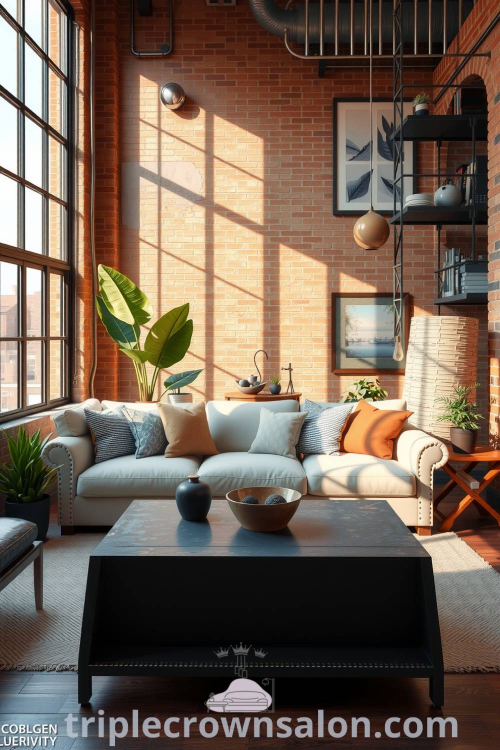 Industrial living room featuring a beige sofa with textured pillows, exposed brick walls, a distressed metal coffee table, and potted plants, creating a cozy aesthetic with design ideas for home decor inspirations, ideal for anyone seeking a warm, inviting space. For more ideas, visit triplecrownsalon.com.