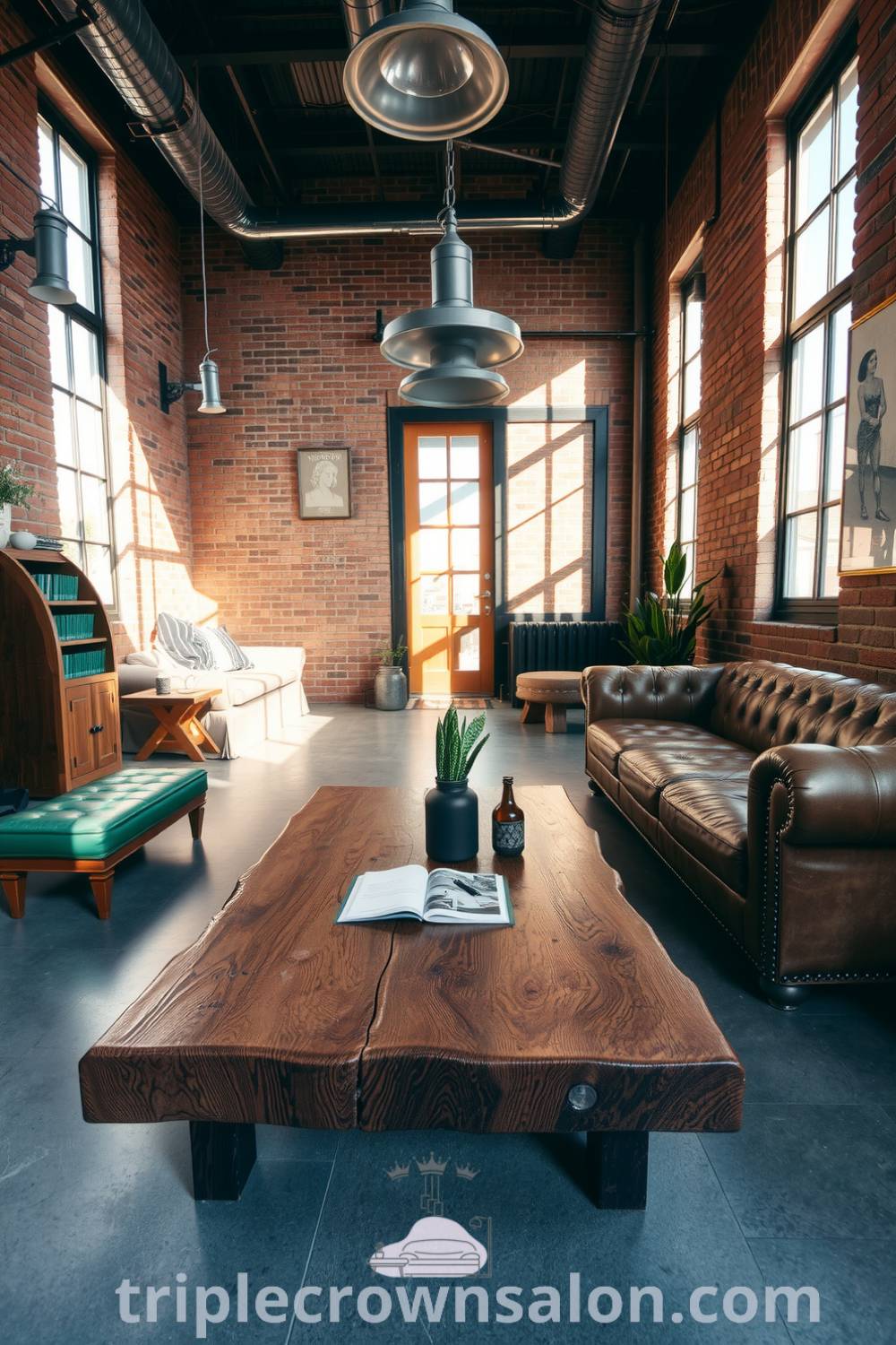 Industrial living room featuring rich green accents, textured brick walls, weathered metal fixtures, a reclaimed wood coffee table, a plush leather sofa, and potted plants, creating a cozy and inviting atmosphere. Visit triplecrownsalon.com for more cozy home decor ideas.
