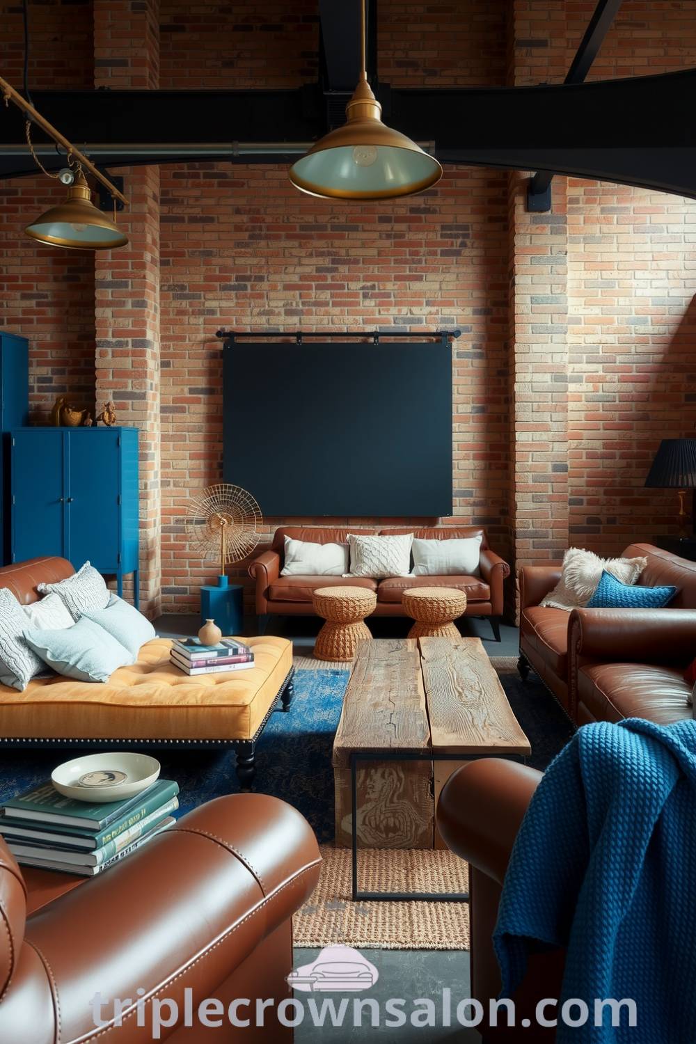 Industrial living room featuring exposed brick walls, a reclaimed wood coffee table, mismatched leather sofas, and metal light fixtures, creating a cozy and stylish atmosphere. Visit triplecrownsalon.com for inspiring decor ideas for your home.