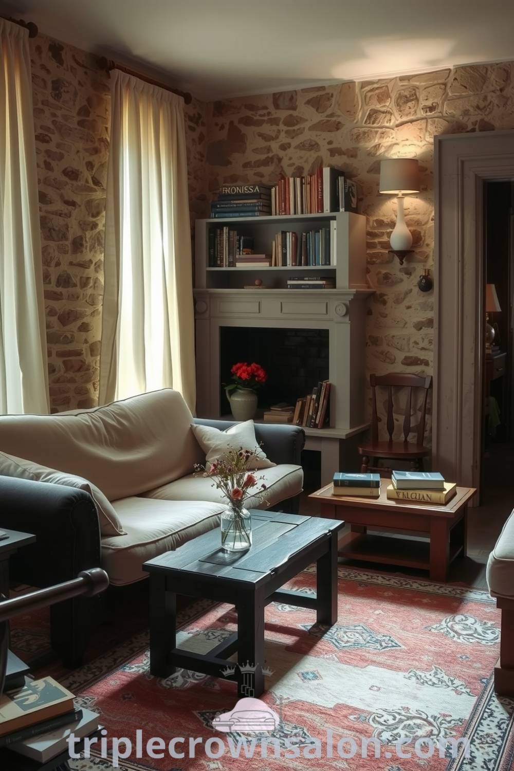 Cozy French living room with soft sunlight filtering through sheer curtains, textured stone walls, a faded velvet sofa, rustic wooden coffee table with wildflowers, a woven rug, and a crackling fireplace, offering cozy and inviting decor ideas for your home. Visit triplecrownsalon.com.