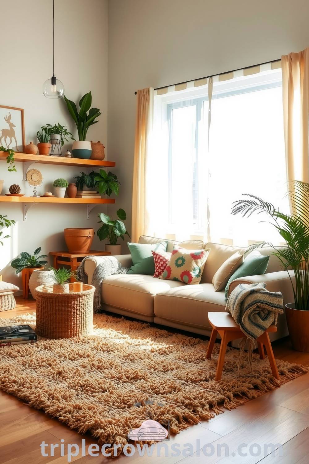 Boho living room with lush green accents, an earthy rug, mismatched pillows, and wooden shelves adorned with plants and eclectic decor, creating a cozy atmosphere and inviting design ideas for your home at fireplacesandwoodstoves.com.