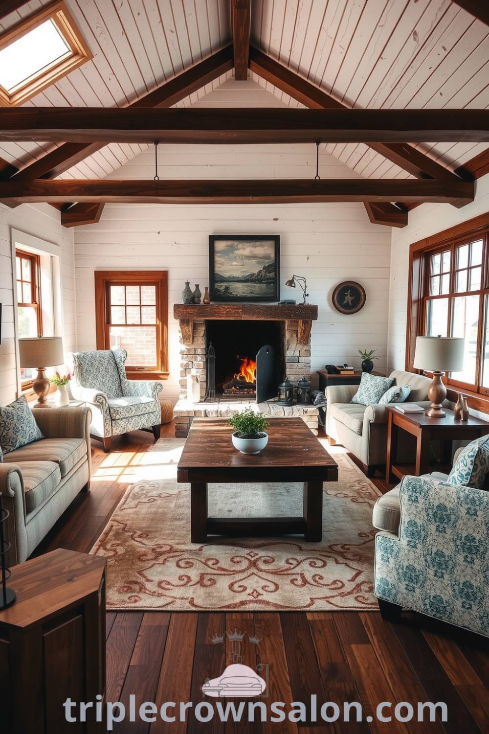 Cozy rustic living room with whitewashed wooden walls, soft textured armchairs, and a reclaimed wood coffee table, complemented by a crackling stone fireplace, creating an inviting atmosphere for home gatherings, featured on fireplacesandwoodstoves.com.