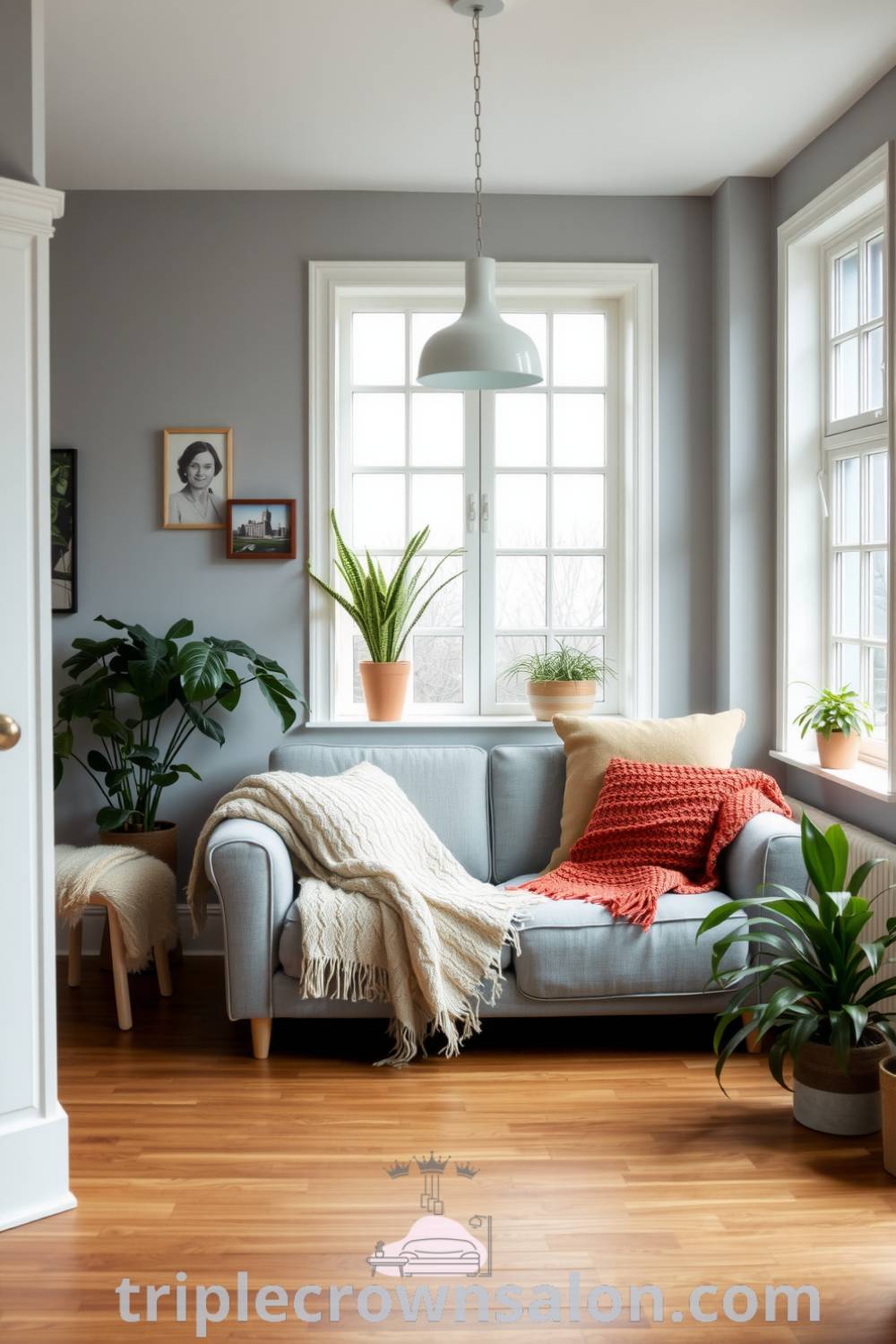 Scandinavian living room featuring a soothing grey palette, natural light, soft linen and wool textures, warm wood floors, a plush sofa with knit throws, and potted plants, creating a cozy and inviting space perfect for relaxation. Visit triplecrownsalon.com for unique decor ideas.