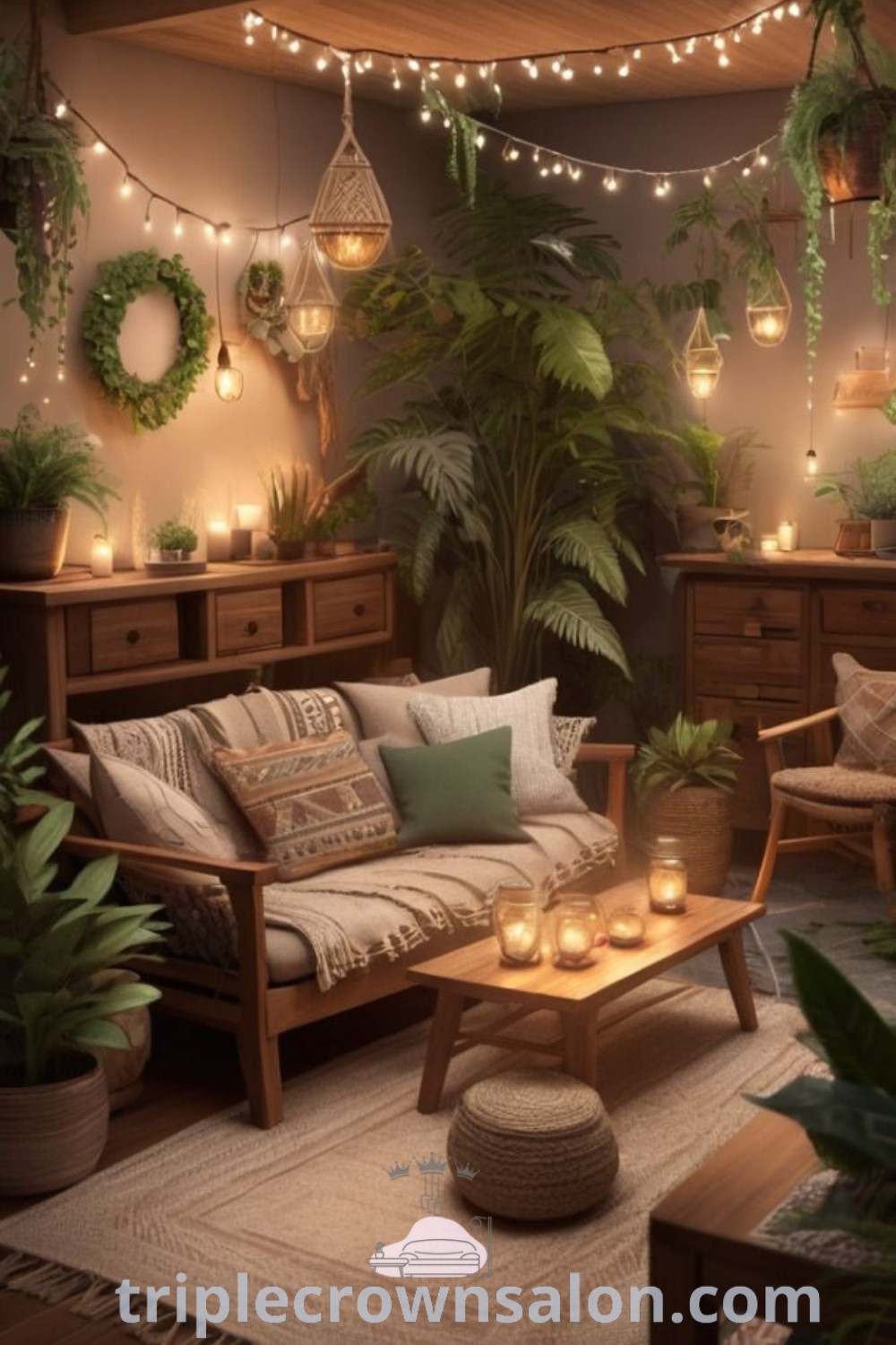 A cozy earthy boho living room featuring lots of plants, warm lights, and inviting decor ideas that inspire a tranquil space. This unique setting combines elements of forestcore bedroom design and cozy home aesthetics, showcasing inspirations for your home. Find more ideas at triplecrownsalon.com.