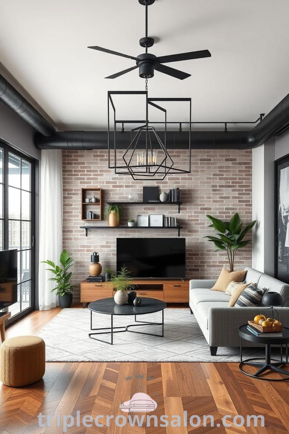 An industrial minimalist apartment living room featuring stylish furniture, a flat-screen TV, and a wooden floor, exemplifying cozy aesthetic and modern industrial decor. Discover unique ideas for your home and more design tips at triplecrownsalon.com.