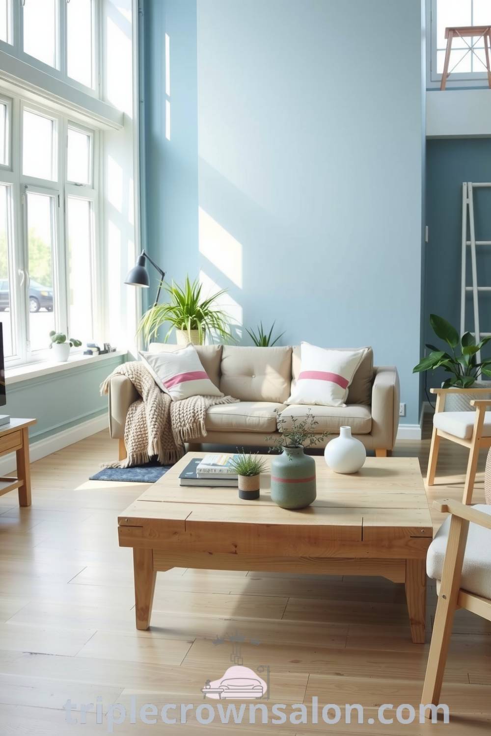Scandinavian living room featuring soft blue shades, natural light, light wooden floors, a plush neutral sofa with a chunky knit throw, minimalistic pale wood furniture, a rustic coffee table, and decorative plants in ceramic pots, creating a cozy atmosphere. Visit triplecrownsalon.com for inspiring decor ideas for your home.