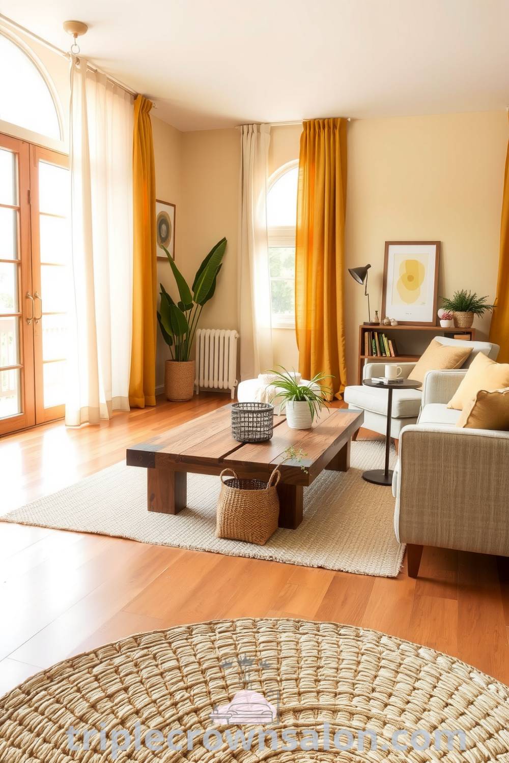 Japandi living room with warm yellow accents, reclaimed wood coffee table, textured seating, potted greenery, and a woven rug, embodying cozy ideas and inspiring decor ideas for small spaces at triplecrownsalon.com.