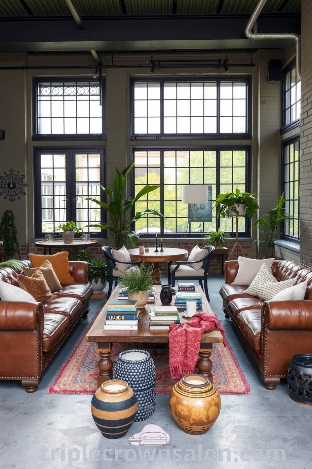 Industrial living room with grey exposed brick walls, raw concrete floors, oversized leather furniture, a reclaimed wood coffee table with books and candles, and plants in rustic pots, showcasing cozy decor ideas for your home at triplecrownsalon.com.