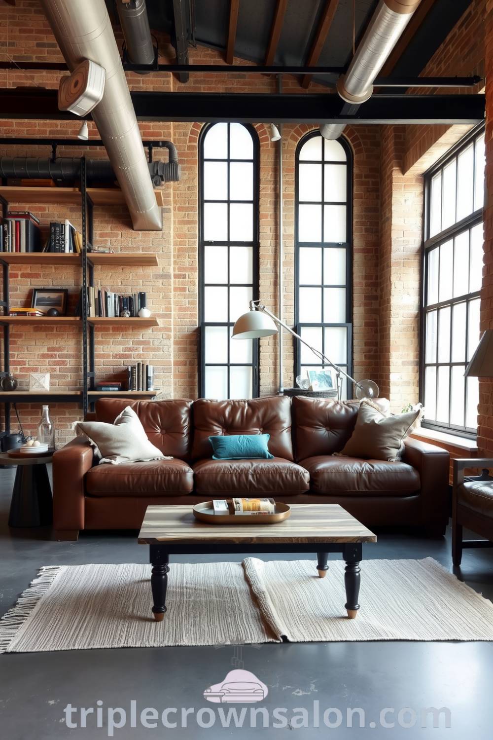 Cozy industrial living room with exposed brick walls, a leather sofa, steel accents, wooden shelves filled with eclectic art and books, and natural light streaming through large windows, offering inspiring design ideas for a cozy home at triplecrownsalon.com.