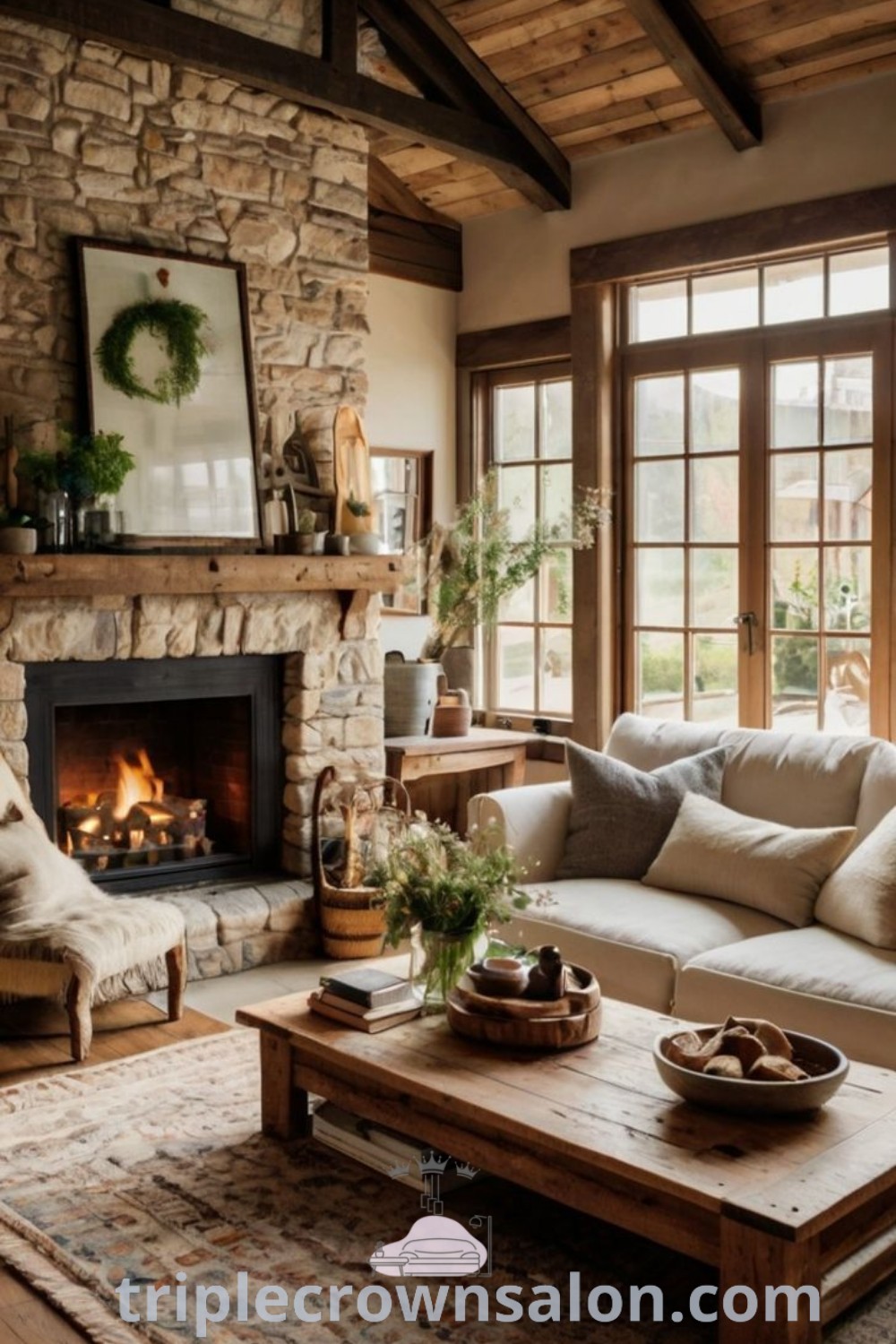 A cozy rustic living room filled with warm furniture, a stone fireplace, and charming decor ideas for a farmhouse aesthetic. Perfect for unique ideas for your home, this inviting design showcases modern rustic elements and offers inspiration for a welcoming space. Visit triplecrownsalon.com for more design tips.