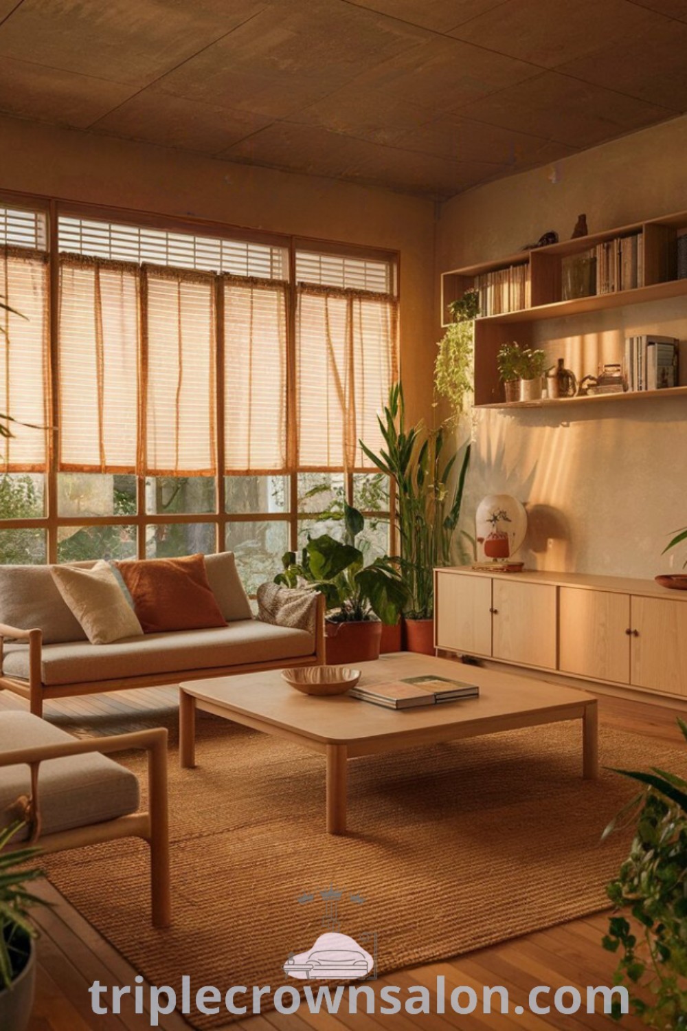 A cozy Japanese living room filled with vibrant plants, unique furnishings, and serene decor ideas, showcasing Japanese American interior design. This inviting space emphasizes comfort and aesthetic charm, offering inspiring ideas for your home. Explore more decor inspirations at triplecrownsalon.com.