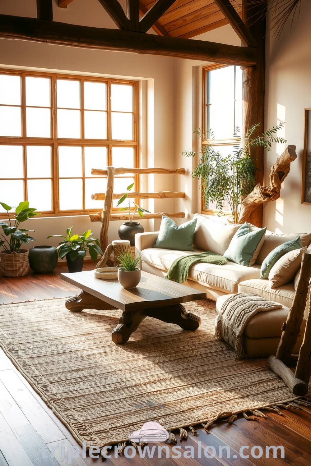 Cozy nature-inspired living room with earth tones, textured area rug, hand-carved furniture, large windows, and potted plants, creating a warm and inviting space for relaxation and connection with nature. Visit triplecrownsalon.com for more design inspirations.