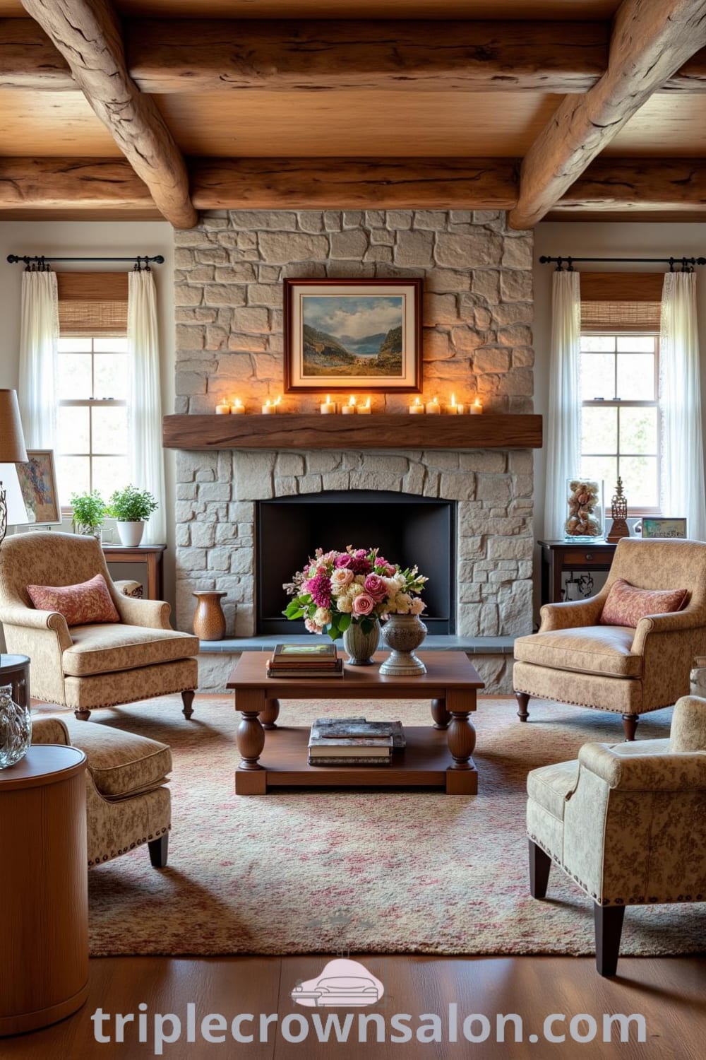 Rustic living room featuring a rough-hewn wooden coffee table, mismatched chairs, handcrafted art, and a large stone fireplace, creating a cozy atmosphere with natural light; ideal decor ideas for inspiring a cozy home, found at fireplacesandwoodstoves.com.