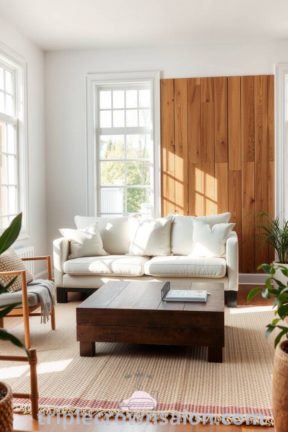 Scandinavian living room featuring a light-colored sofa, reclaimed wood coffee table, textured wood panels, handwoven rug, and potted greenery, showcasing cozy design ideas for your home at triplecrownsalon.com.