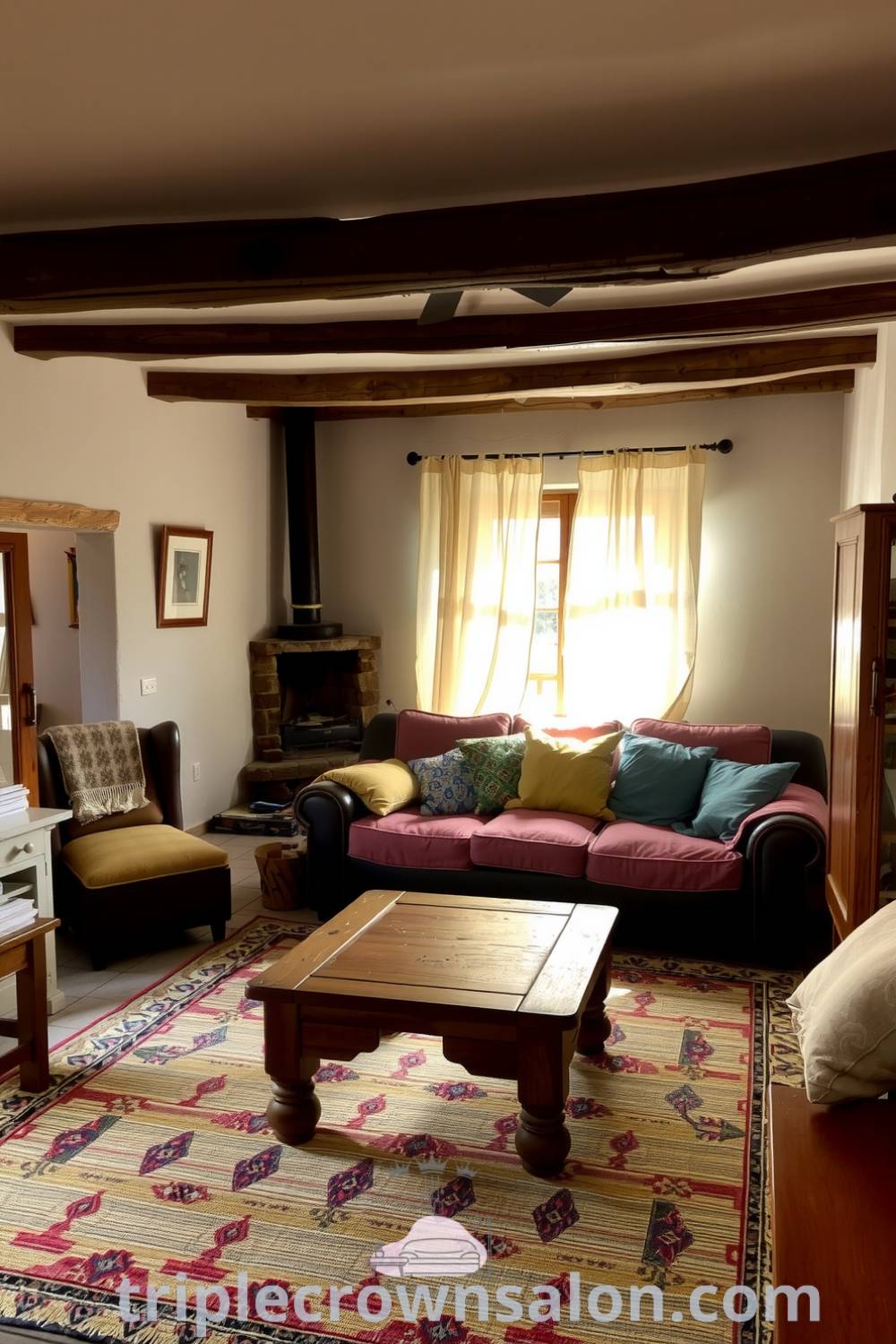 Cozy rustic living room featuring weathered wooden beams, oversized sofa with mismatched cushions, handwoven rug, sturdy coffee table, small stone fireplace, and sunlight filtering through sheer curtains. Ideal for cozy home inspiration and decor ideas at triplecrownsalon.com.