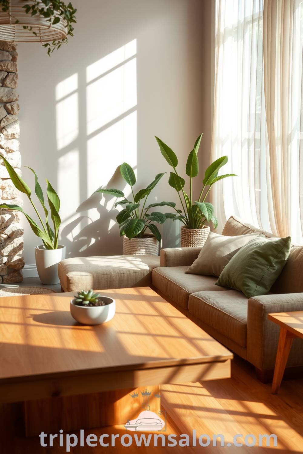 Tranquil nature-inspired living room featuring soft earthy tones, a cozy sofa with moss-green cushions, textured stone walls, and potted plants, creating a serene and inviting space. Visit triplecrownsalon.com for unique decor ideas and inspirations for your home.