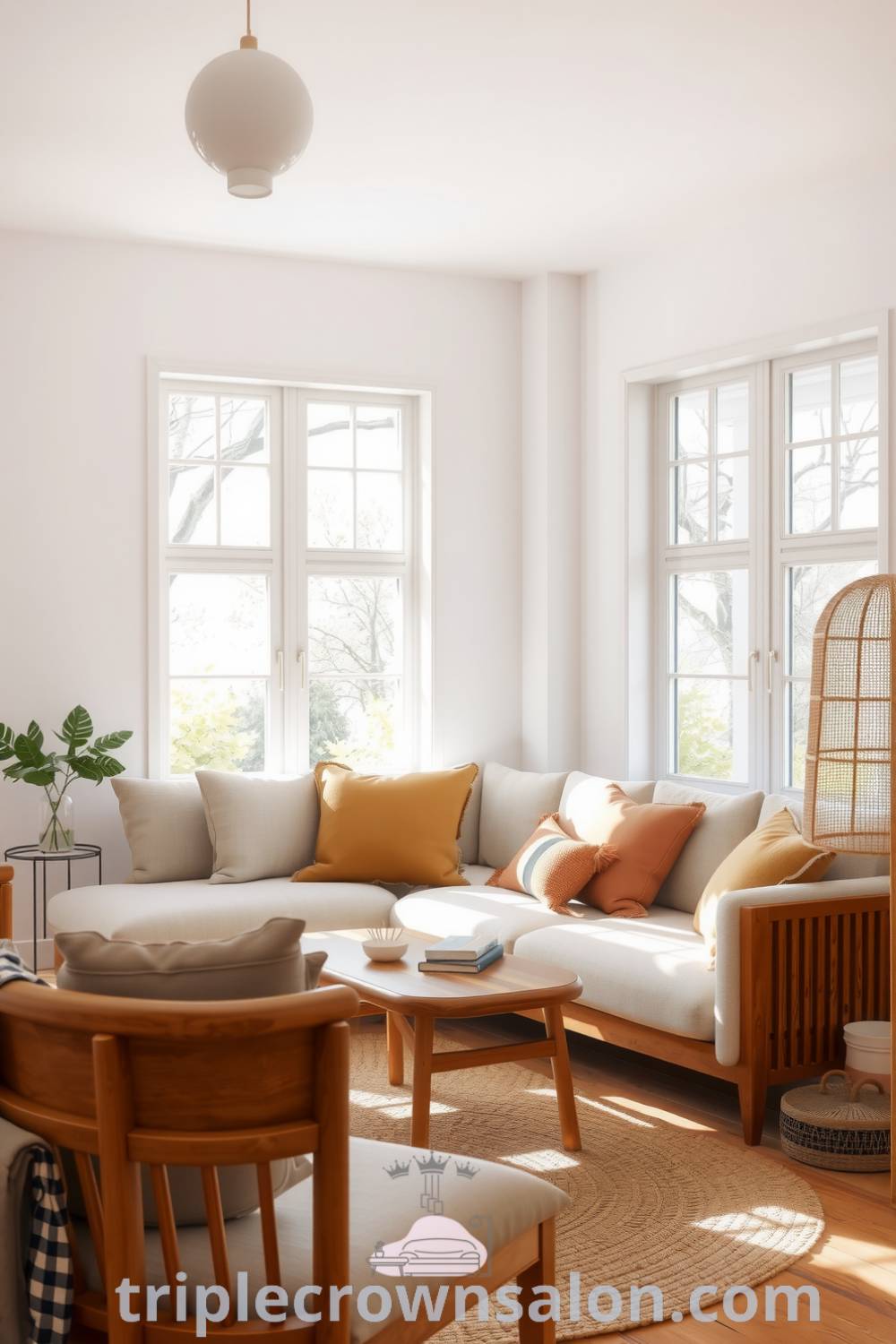 Scandinavian living room with white walls, worn wooden furniture, earthy-toned cushions, and a cozy atmosphere, featuring design ideas for enhancing inviting spaces, perfect for home inspiration on triplecrownsalon.com.