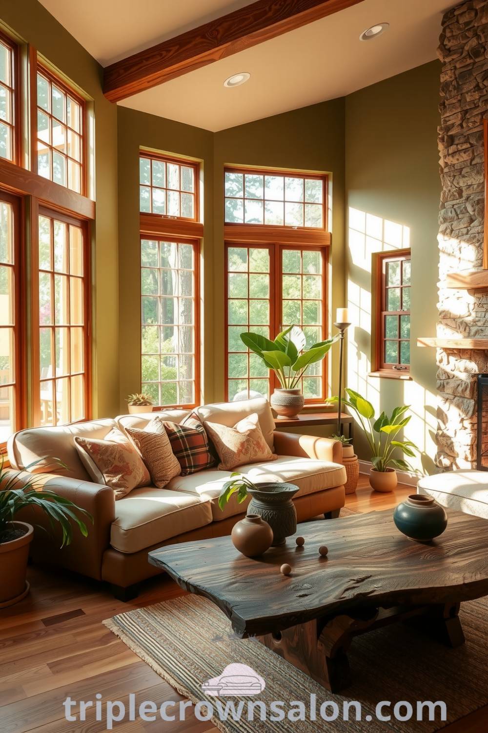 Cozy nature-inspired living room with soft green walls, floor-to-ceiling windows, a beige sofa with earthy cushions, potted plants, and a reclaimed wood coffee table, creating a tranquil and inviting space. Visit triplecrownsalon.com for more Cozy home design ideas.