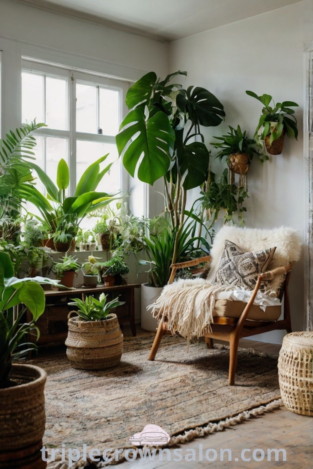 A cozy living room decorated in Japandi style, filled with various plants and potted greenery atop a rug. This peaceful reading nook showcases unique decor ideas and inspirations for a boho chic aesthetic. Discover more cozy ideas for your home at triplecrownsalon.com.