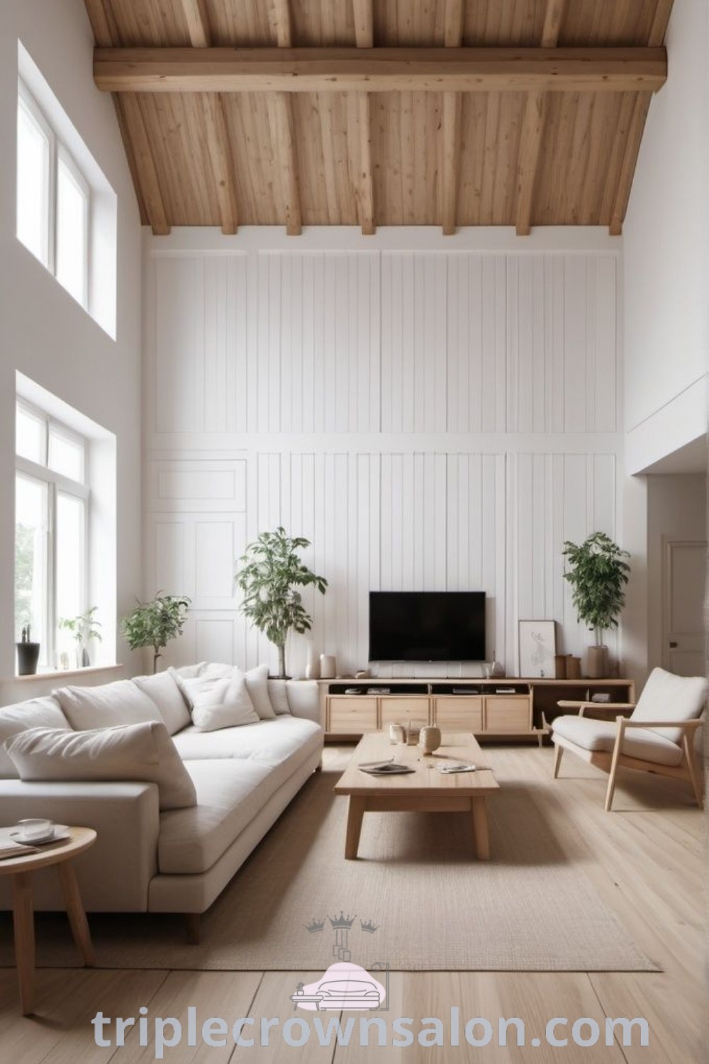 A modern Scandinavian living room with white walls, a cozy sectional sofa, and high ceilings, creating a bright, inviting atmosphere. Explore cozy ideas and decor inspirations for your home at triplecrownsalon.com.