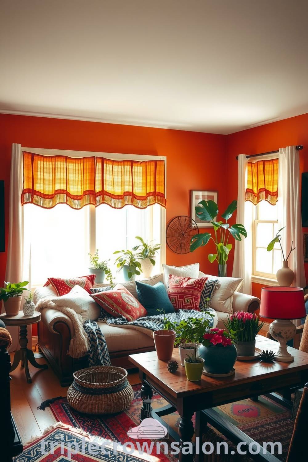 Boho living room filled with warm orange tones, featuring a plush oversized sofa, patterned throws, rustic wooden furniture, and potted plants, creating a cozy and inviting atmosphere. Discover cozy ideas for your home at fireplacesandwoodstoves.com.
