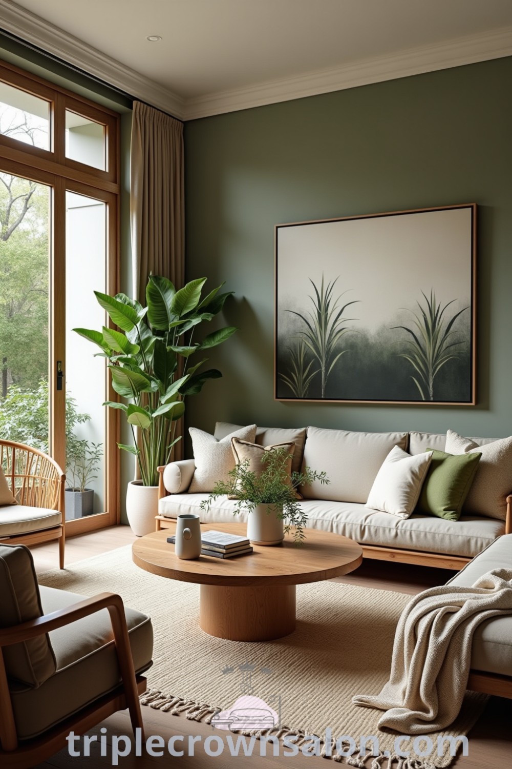 A tropical living room with earthy modern decor, vibrant plants, and natural elements, embodying green interior design and cozy aesthetics. This inspiring space offers unique ideas for your home while blending comfort and style. For more design inspirations, visit triplecrownsalon.com.
