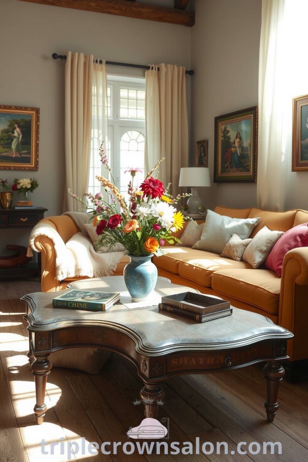 Cozy French living room with soft sunlight, a muted ochre sofa, mismatched cushions, an antique coffee table, and a vase of fresh wildflowers, creating a warm and inviting atmosphere perfect for relaxation and conversation. Visit triplecrownsalon.com for more cozy home decor ideas and inspirations.