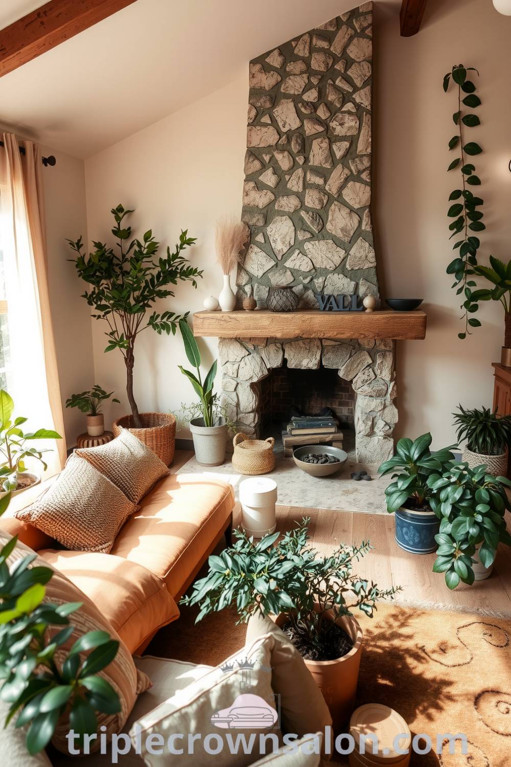 Living room with earthy greens and browns, featuring a stone fireplace, terracotta sofa with woven cushions, potted plants, and natural light filtering through sheer curtains, offering cozy decor ideas for your home; visit triplecrownsalon.com for more inspirations.