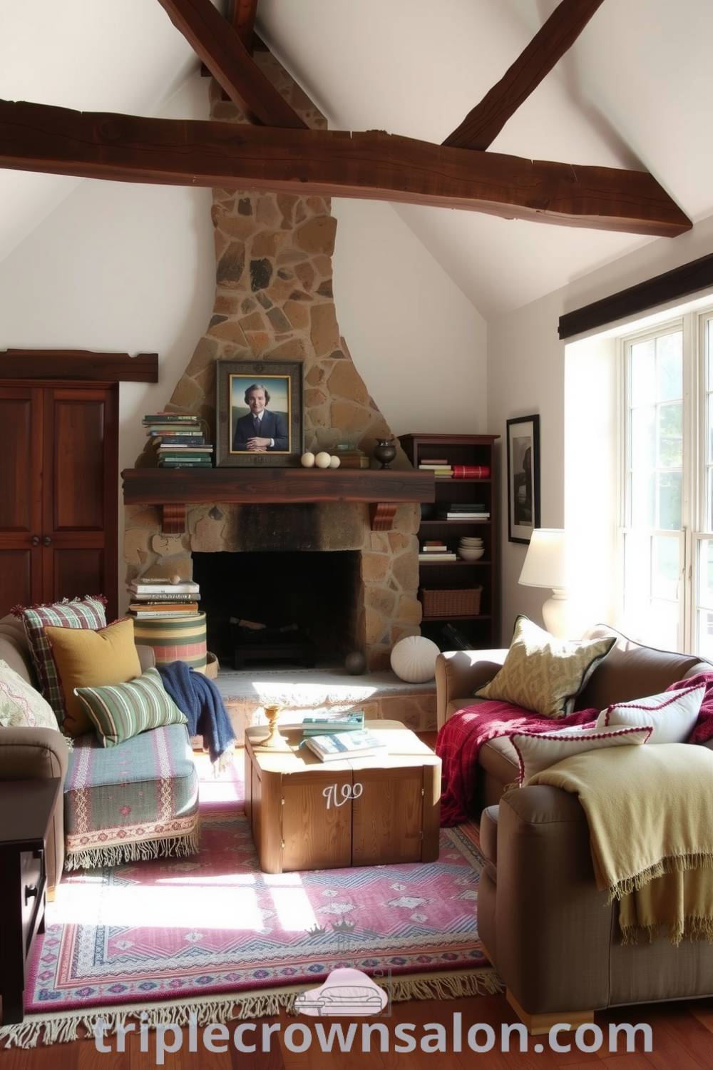 Cozy rustic living room with weathered wooden beams, stone fireplace, plush handwoven rug, soft white walls, and mismatched cushions on an overstuffed sofa, perfect for creating inviting and warm decor ideas for your home at triplecrownsalon.com.
