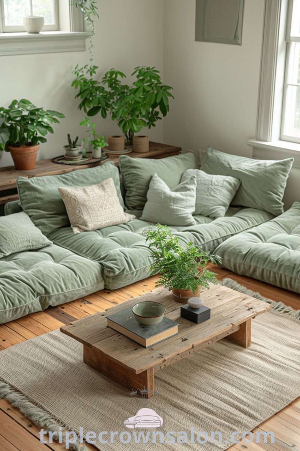 A cozy living room featuring green couches and vibrant pillows on a wooden floor, embodying Japandi living room design and decor ideas for small spaces. Discover inspirations and tips for a cozy home at triplecrownsalon.com.