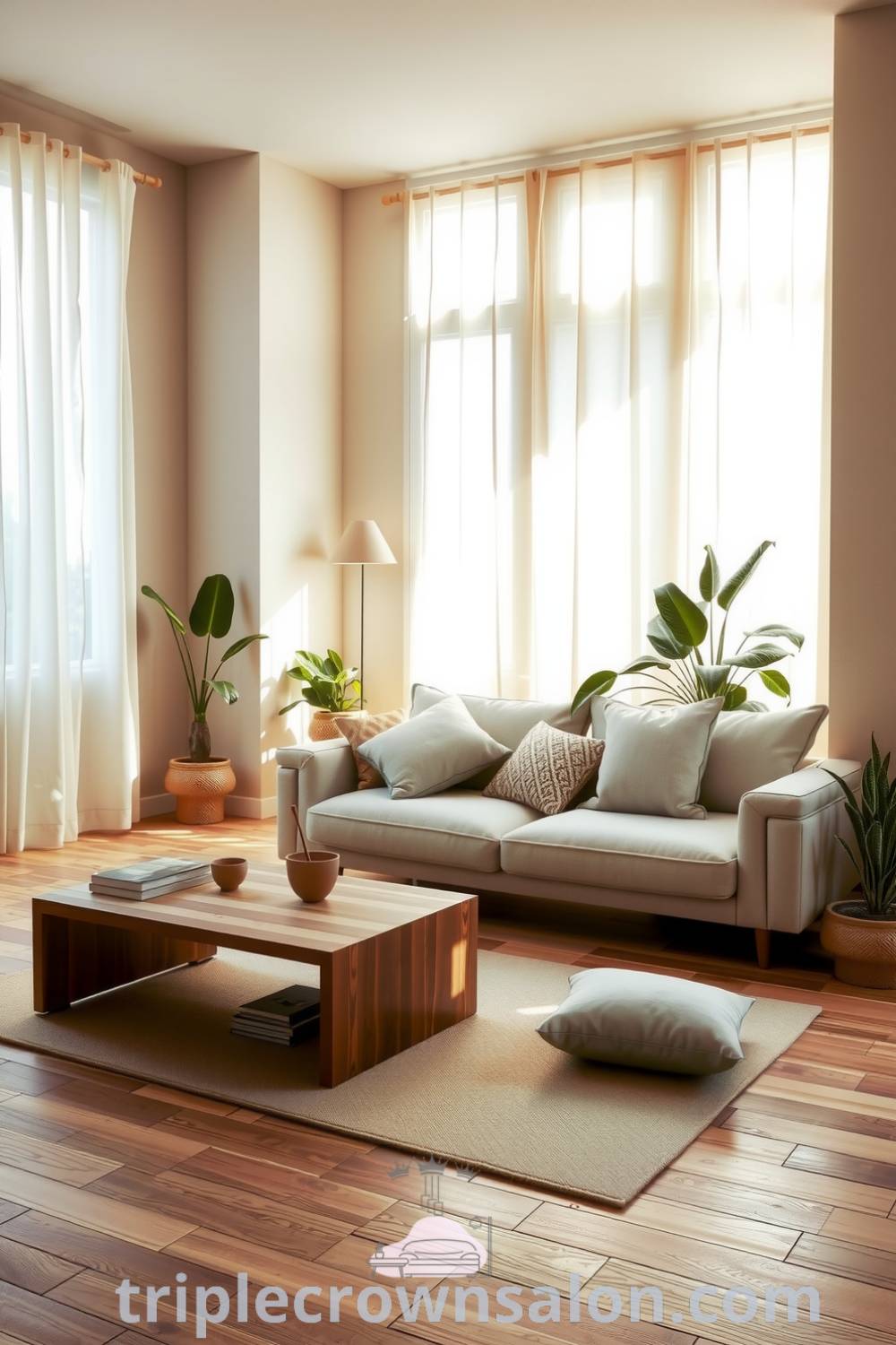 Japandi living room featuring warm wooden floors, textured beige walls, a low-profile wooden coffee table, earthy-toned cushions, light linen drapes, and potted plants, showcasing cozy ideas and design inspirations for a tranquil home atmosphere. Visit triplecrownsalon.com for more unique ideas.