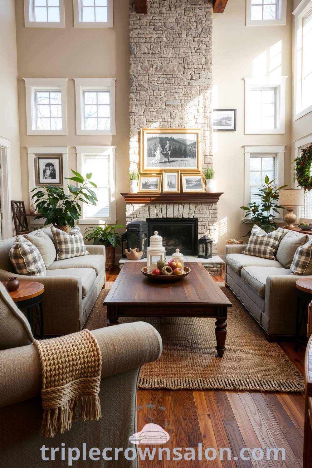 Cozy farmhouse living room with soft linen couches, a rustic wooden coffee table, a stone fireplace, family photos on the walls, and potted plants, exuding warmth and inviting charm, inspired by designs and decor ideas for your home at triplecrownsalon.com.