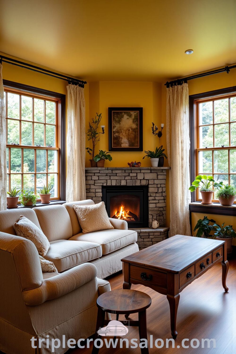 Cozy rustic living room with warm yellow tones, weathered wood paneling, mismatched couches, a handcrafted coffee table, and a stone fireplace, enhanced by sunlight filtering through lace curtains and potted plants, featured on fireplacesandwoodstoves.com.