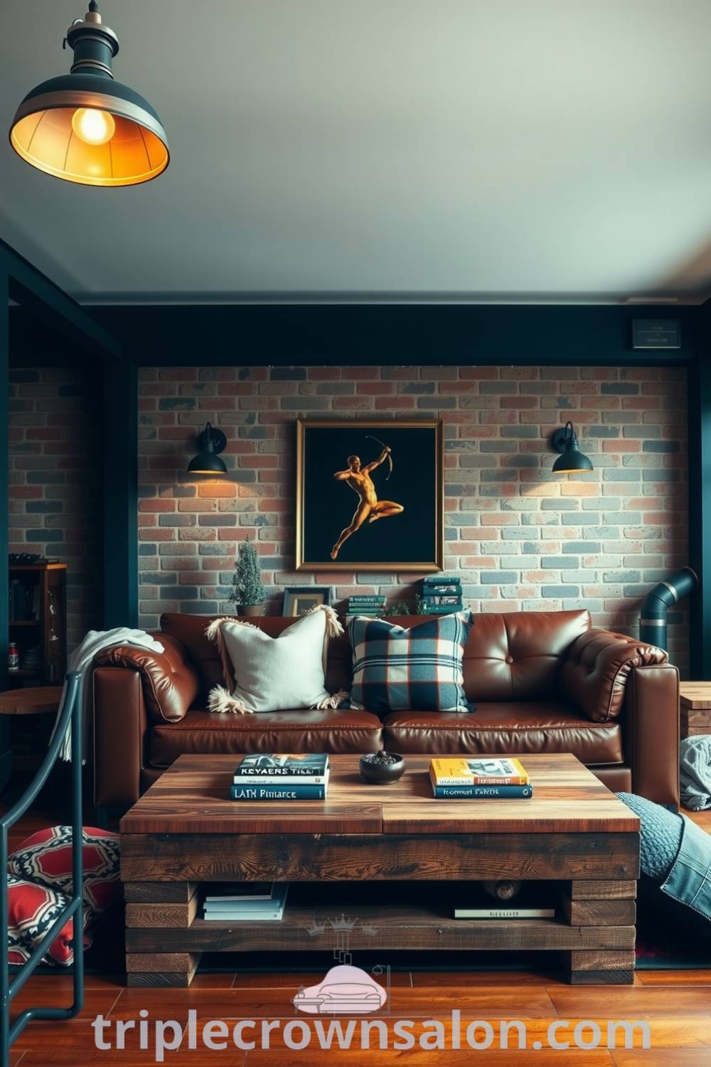 Industrial living room with exposed brick walls, steel beams, a brown leather sofa, and a reclaimed wood coffee table, adorned with cozy blankets and books, providing inspiring decor ideas for a cozy home at triplecrownsalon.com.