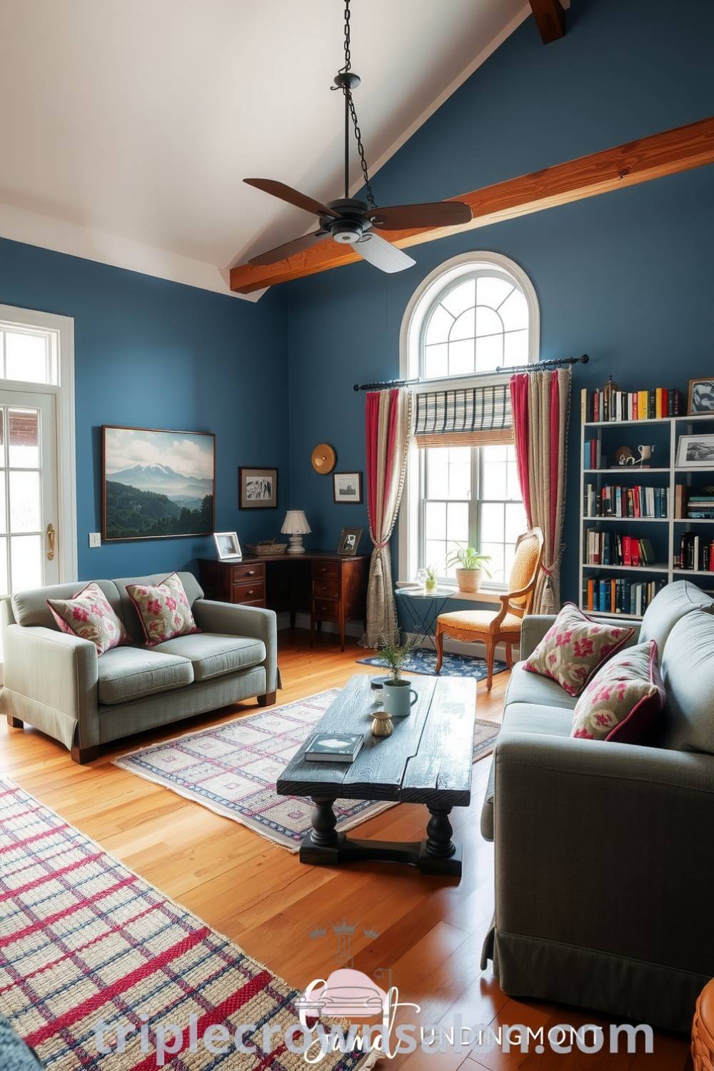 Classic living room with blue walls, natural light, a plush sofa, rustic coffee table, handwoven rugs, and personal decor, offering cozy and inviting design ideas for your home. Visit fireplacesandwoodstoves.com for more inspiring decor inspirations.