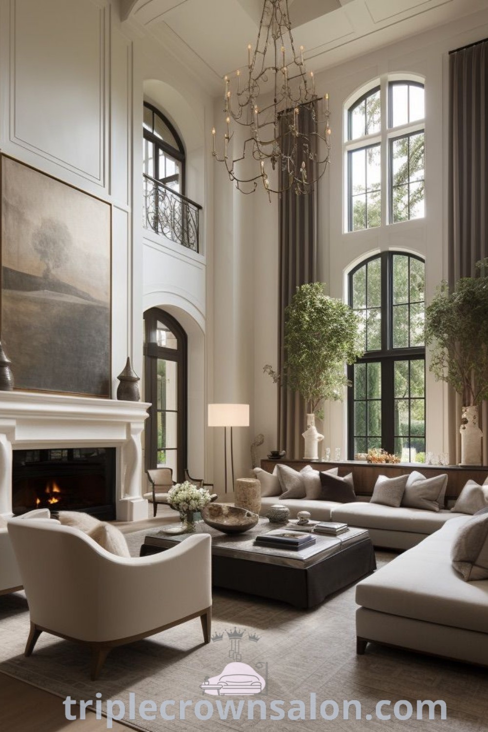 A spacious living room with cozy couches and four chairs arranged around an impressive two-storey fireplace. This elegant space exemplifies big living room designs and luxury living room decor ideas, providing unique inspirations for creating a cozy home atmosphere. Find more design ideas at wellnesswink.com.