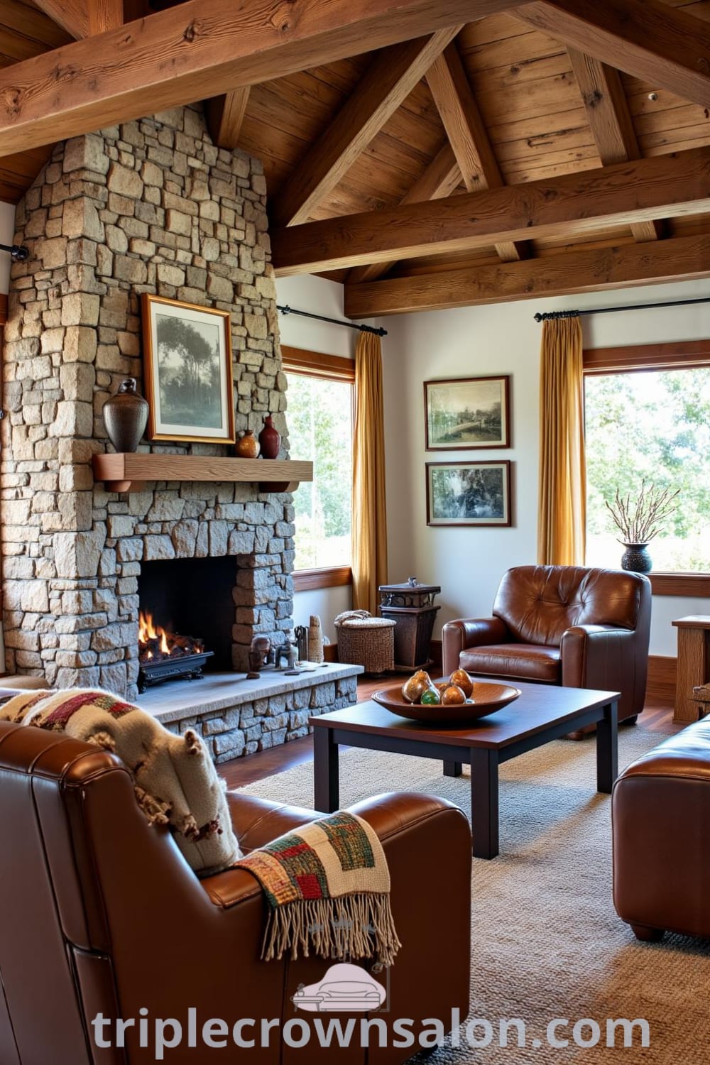 Rustic living room with wooden beams and stone fireplace, featuring worn leather armchairs, reclaimed wood coffee table, patchwork blanket, and family photographs; a cozy home design inspiring unique ideas for decor found on fireplacesandwoodstoves.com.