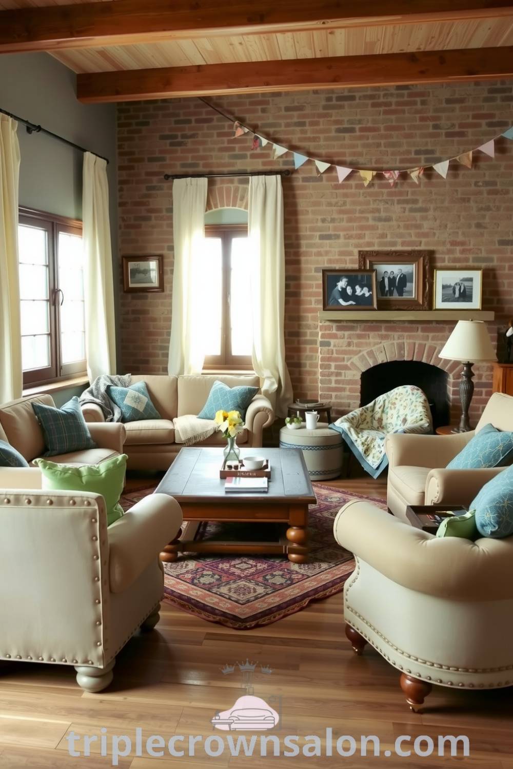Cozy farmhouse living room featuring soft light, sheer linen curtains, overstuffed couches, a cozy armchair, a timeworn wooden coffee table, an exposed brick wall, and family photographs, creating a warm and inviting atmosphere with decor ideas for a cozy aesthetic. Visit triplecrownsalon.com for more inspirations.