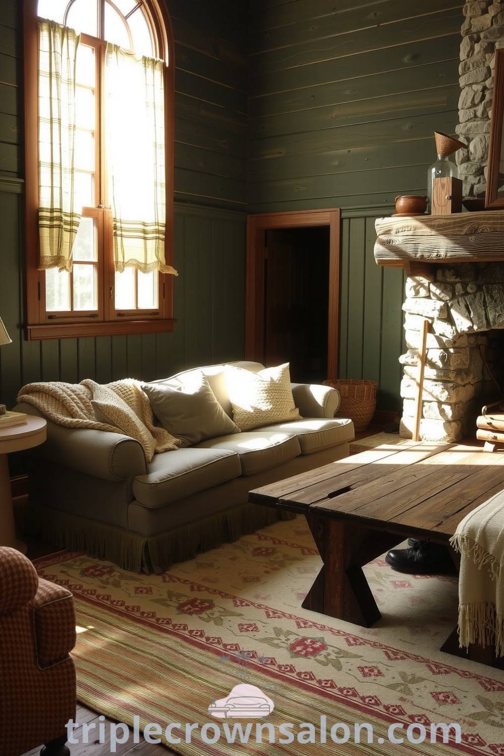 Rustic living room featuring a warm green palette, weathered wood paneling, plush oversized sofa, and stone fireplace, showcasing cozy design ideas and inspirations for a comfy home on fireplacesandwoodstoves.com.