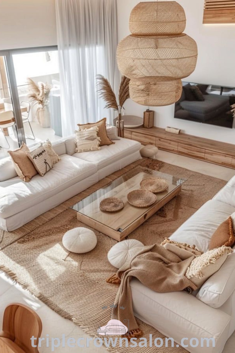 A cozy living room filled with white furniture and natural decor, showcasing contemporary Scandinavian and organic modern boho styles. This inspiring space features cream floor tiles and a nude sofa, providing unique decor ideas for your home. Explore more inspiring designs at wellnesswink.com.