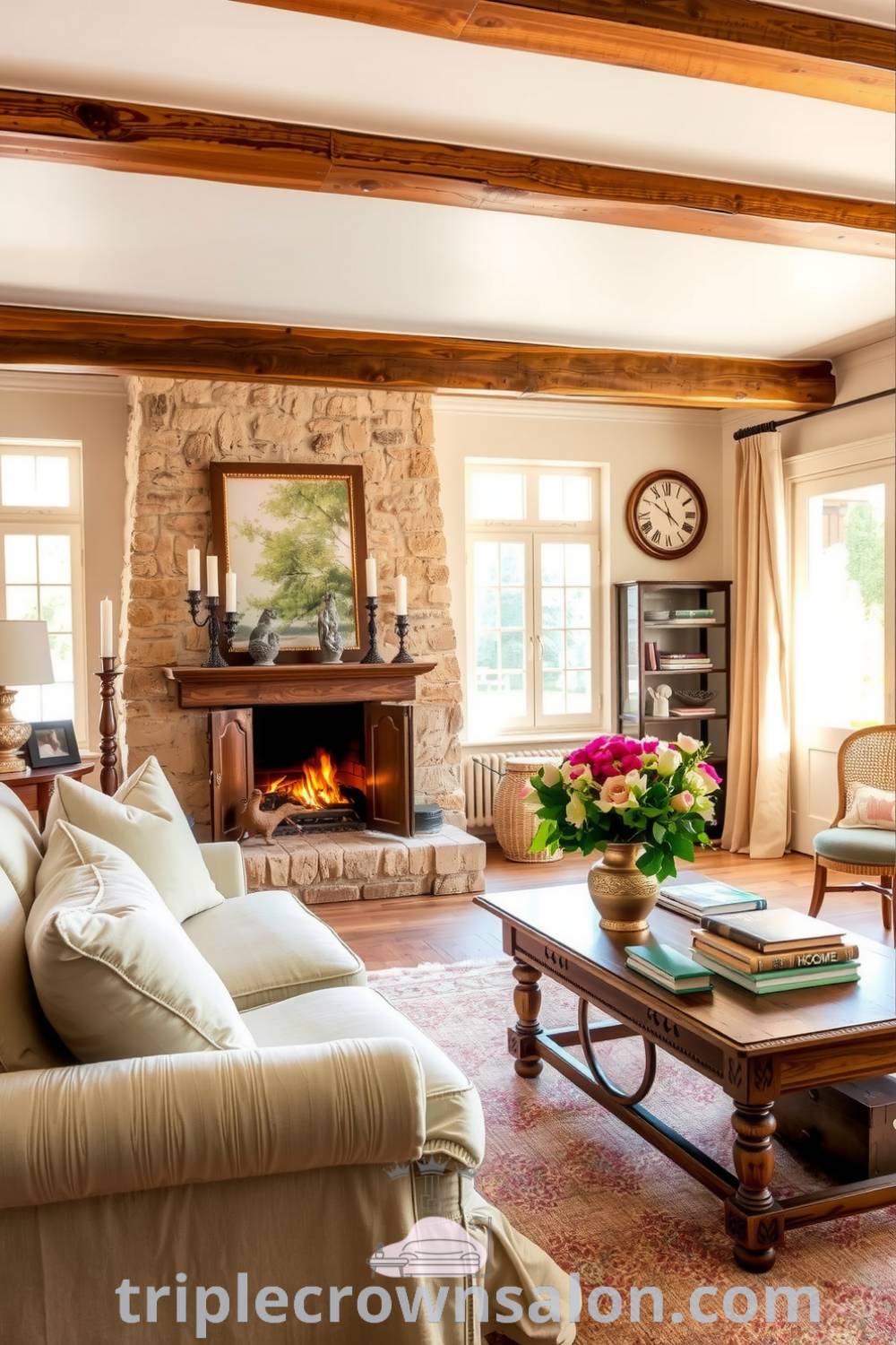Cozy French living room with soft, muted colors, a plush sofa, rustic stone fireplace, distressed coffee table, fresh flowers, and large windows inviting natural light, enhancing the cozy aesthetic. Visit triplecrownsalon.com for unique ideas and decor inspirations.