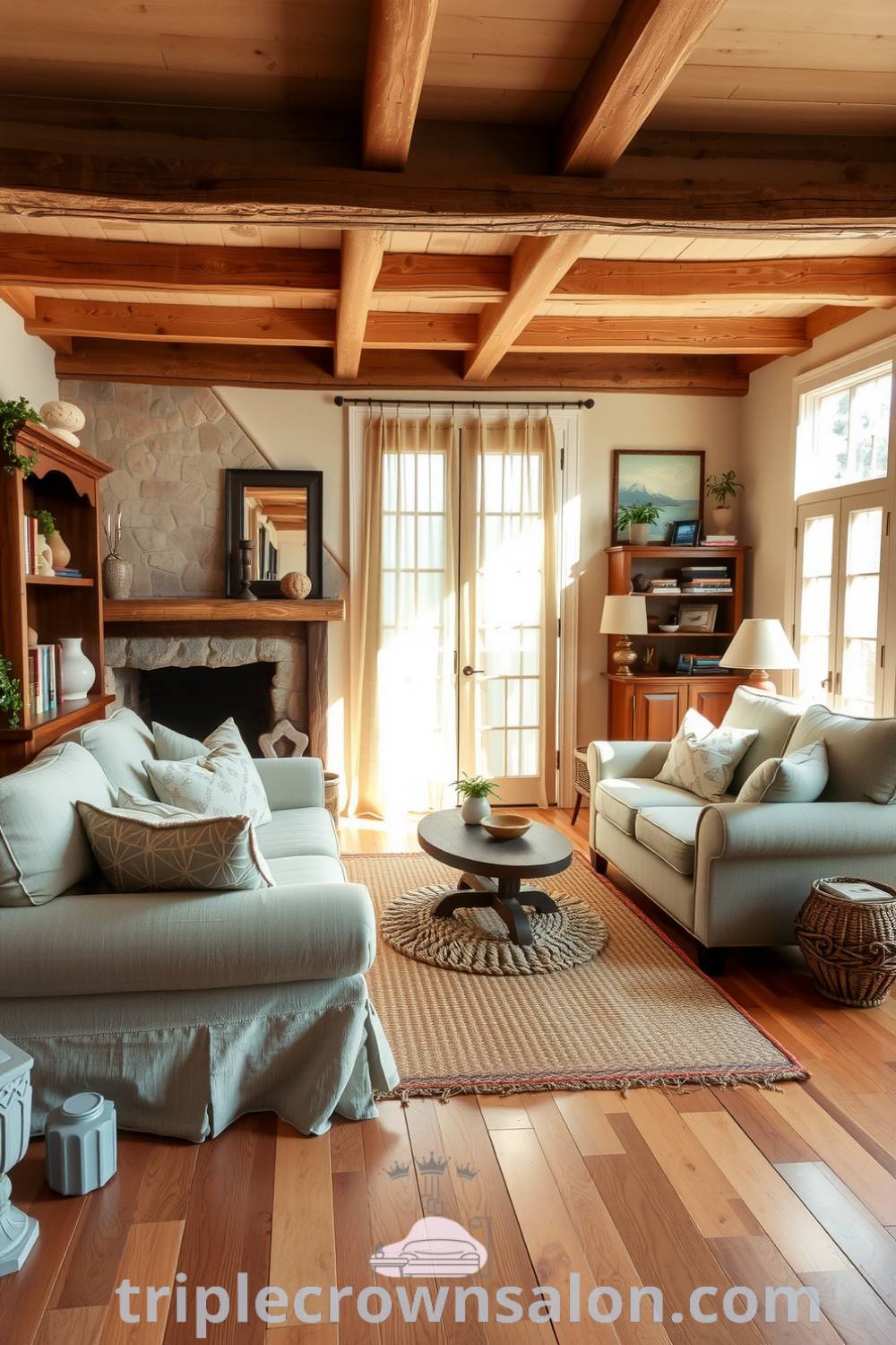 Cozy rustic living room featuring weathered wooden beams, stone fireplace, well-loved sofa with textured fabrics, sunlight filtering through sheer curtains, natural wood floor, braided rug, shelves with books and knick-knacks, creating a warm and inviting atmosphere, for house or apartment, inspiring cozy decor ideas at triplecrownsalon.com.