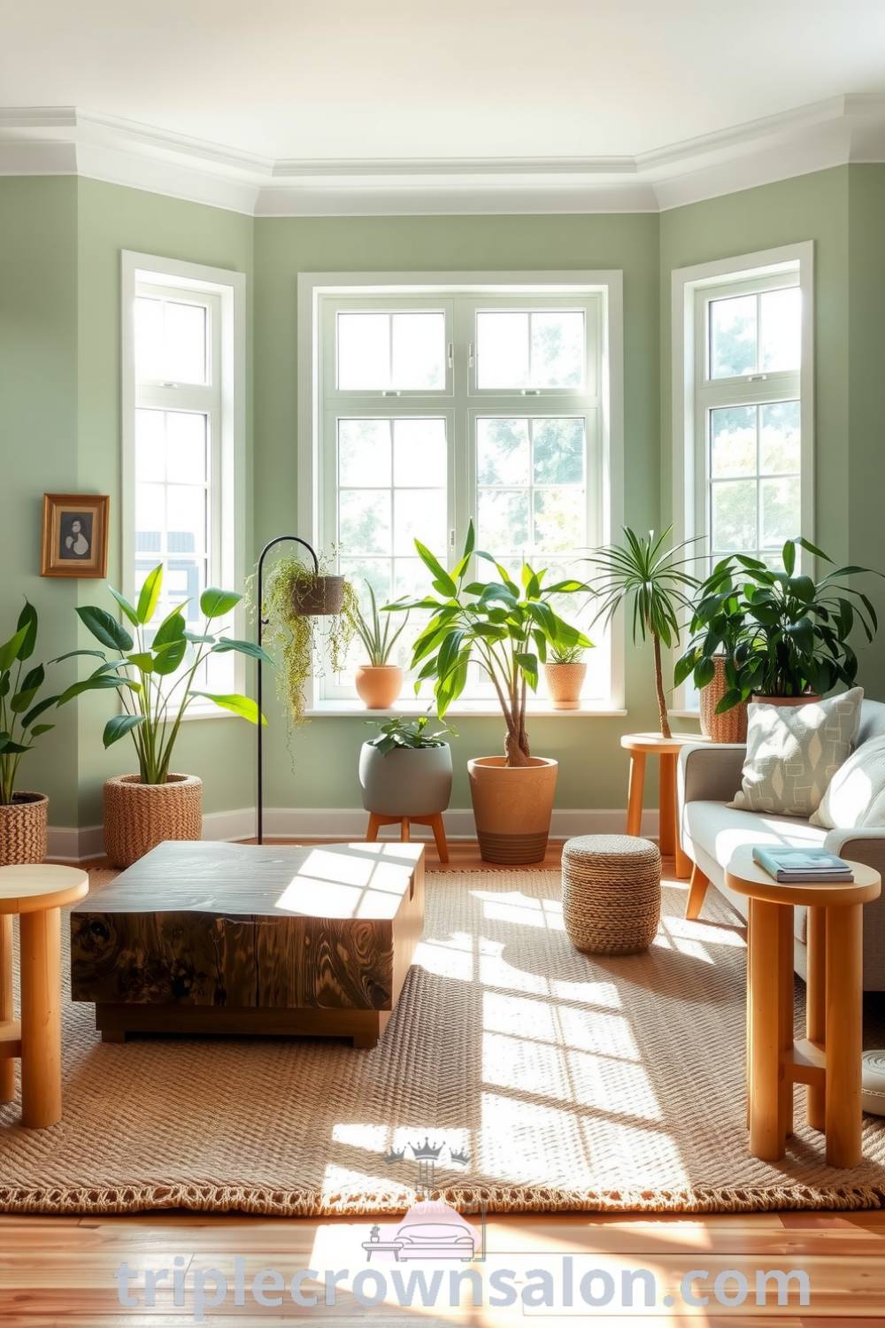 Cozy nature-inspired living room with sage green walls, natural wood furniture, a low wooden coffee table, woven jute rug, and thriving potted plants, providing a tranquil and inviting atmosphere for relaxation and socializing. Ideas for your home can be found at triplecrownsalon.com.