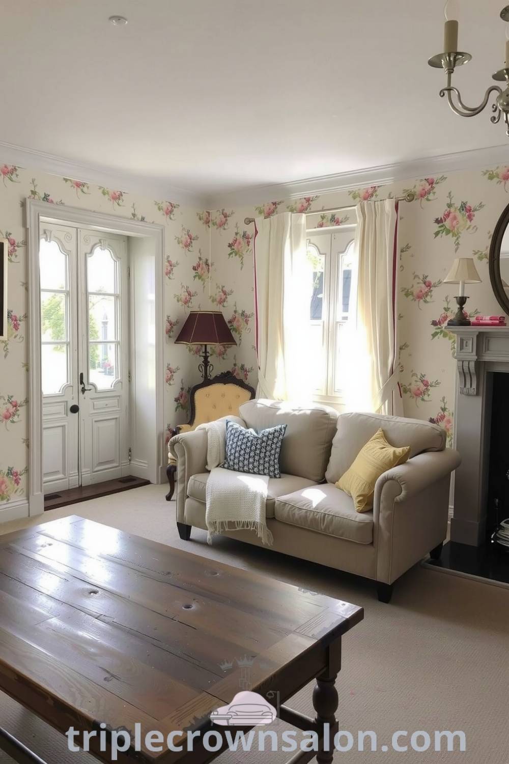 Cozy French living room with cream walls, floral wallpaper, wooden coffee table, plush sofa, antique armchair, and sheer curtains, creating an inviting atmosphere perfect for relaxation and reflection. Discover cozy ideas and decor inspirations for your home at triplecrownsalon.com.