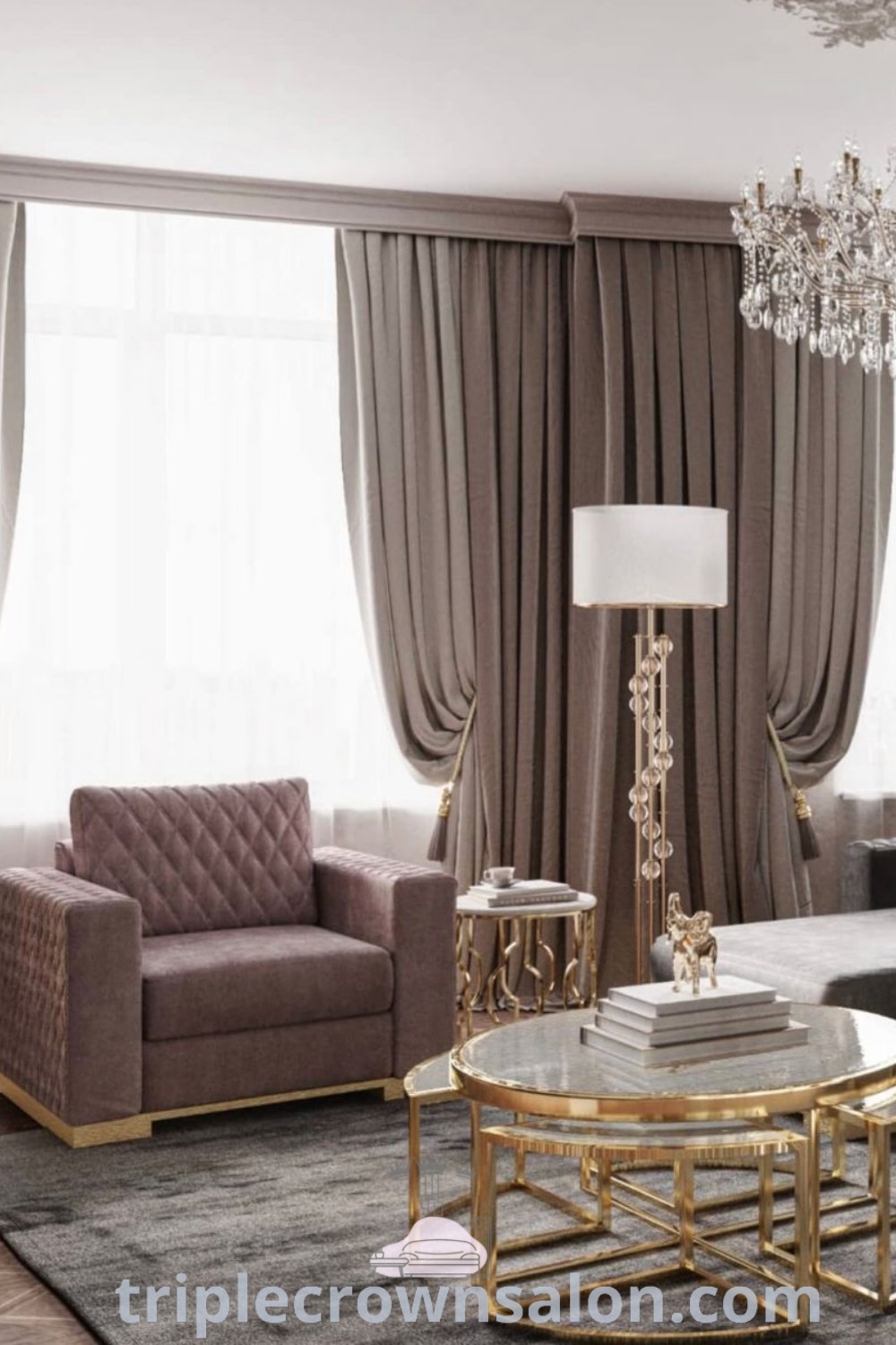 A luxurious living room featuring classic curtains, elegant furniture, and a stunning chandelier, showcasing cozy decor inspirations for an inviting atmosphere. This design incorporates window treatments and unique ideas, perfect for a competition dress aesthetic. Explore more decor ideas at wellnesswink.com.